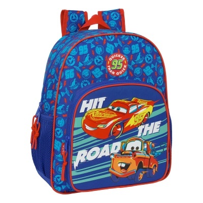 Mochila azul com tema do filme Cars e texto HIT THE ROAD