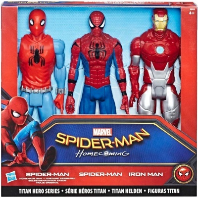 Caixa de brinquedos com figuras de ação Spider-Man e Iron Man da série Titan Hero