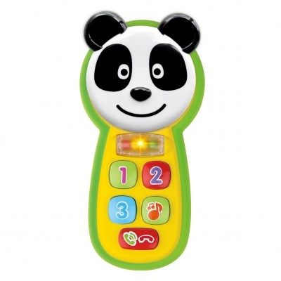 Brinquedo em forma de panda com botões coloridos e luz amarela
