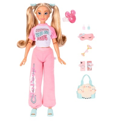 Boneca loira com roupa rosa e acessórios variados coloridos em branco