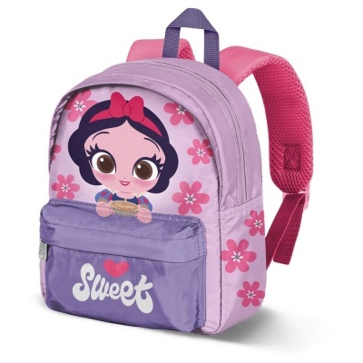 Mochila infantil lilás e rosa com padrão de flores e personagem de desenho animado