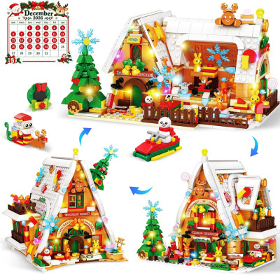 Conjunto de construção casa de Natal com árvore e personagens em peças coloridas