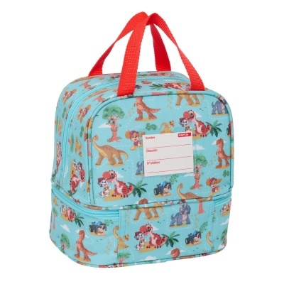 Mochila infantil azul com padrão de dinossauros e cães, alças vermelhas e etiqueta de identificação