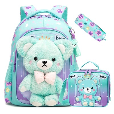 Conjunto mochila, estojo e lancheira com tema de ursos azul e lilás