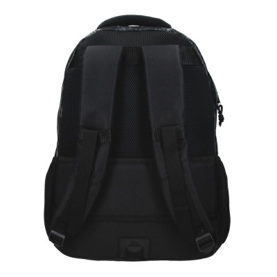 Mochila preta vista de costas com alças acolchoadas e bolso lateral em rede
