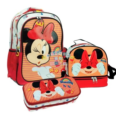 Conjunto infantil com mochila, mochila pequena e estojo da Minnie Mouse em vermelho e branco
