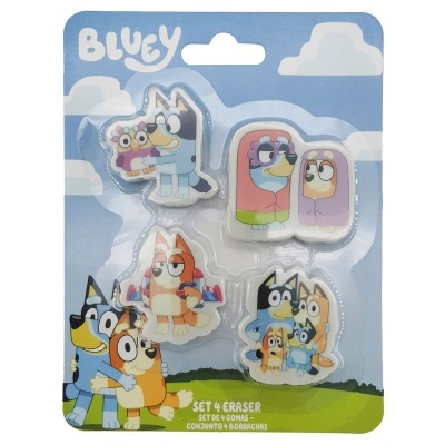 Conjunto de 4 borrachas Bluey com personagens em embalagem azul com nuvens