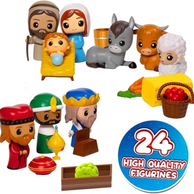 Figuras de personagens e animais do presépio coloridas em fundo branco