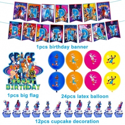 Conjunto de festa 'Space Jam' com faixa, bandeira, balões e decorações para cupcakes