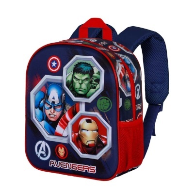 Mochila azul escura e vermelha com estampa dos Avengers Capitão América, Hulk e Homem de Ferro