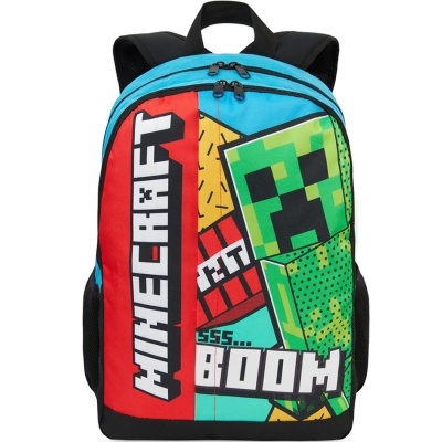 Mochila colorida infantil com tema Minecraft e texto MINECRAFT e BOOM.