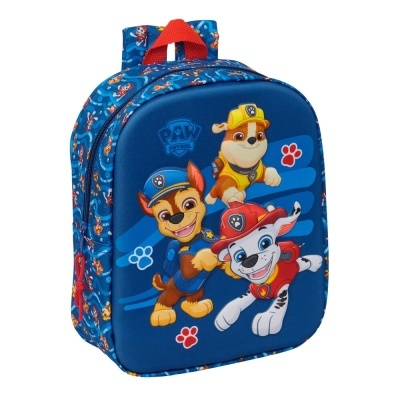 Mochila azul com personagens da Patrulha Pata e alças vermelhas