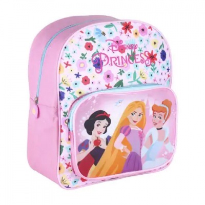 Mochila rosa com princesas Disney e padrão floral