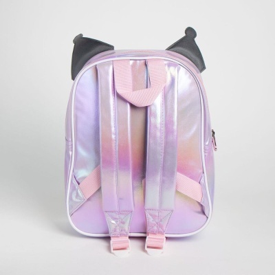 Mochila infantil holográfica rosa e lilás com alças acolchoadas e detalhes em preto