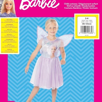 Embala de fantasia Barbie Fée para criança com vestido lilás e asas brilhantes.