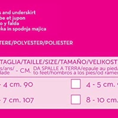 Etiqueta rosa com instruções de tamanho e composição do produto