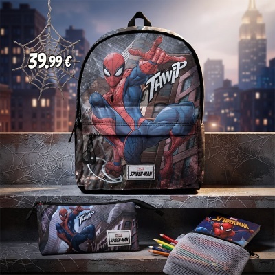 Mochila e estojo Homem-Aranha com fundo urbano e padrão de teias