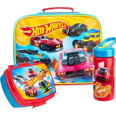 Conjunto Hot Wheels com lancheira, estojo para almoço e garrafa com desenhos de carros