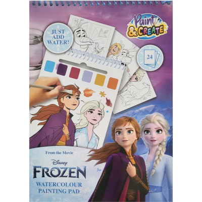 Bloco para pintar com aguarelas Disney Frozen, personagens Anna e Elsa, 24 páginas, fundo roxo