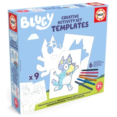 Conjunto criativo de atividades Bluey com templates e lápis de cor, embalagem azul