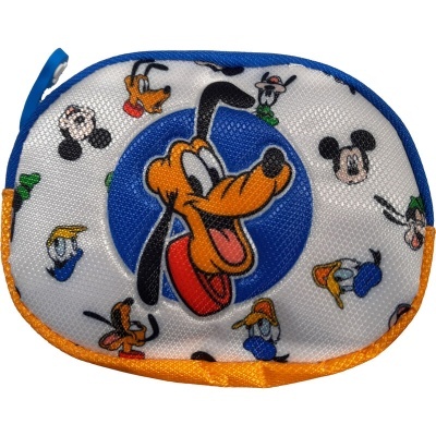 Bolsa pequena estampada com personagens Disney em branco, azul e laranja.