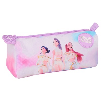 Estojo rosa e lilás com personagens animadas e texto KPOP DEMON HUNTERS