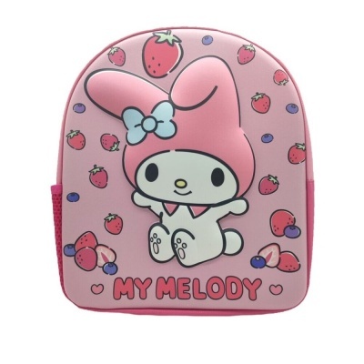 Mochila infantil rosa com personagem My Melody e frutas