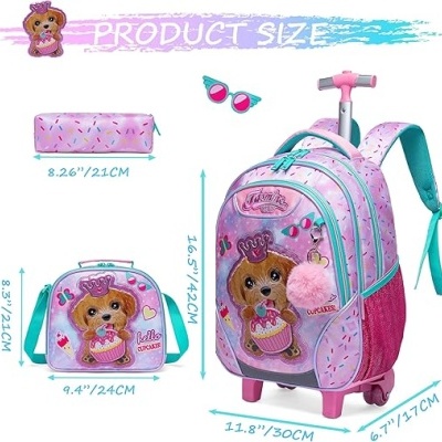 Conjunto infantil rosa lilás com mochila de rodinhas e estojo com figura de cachorrinha e texto