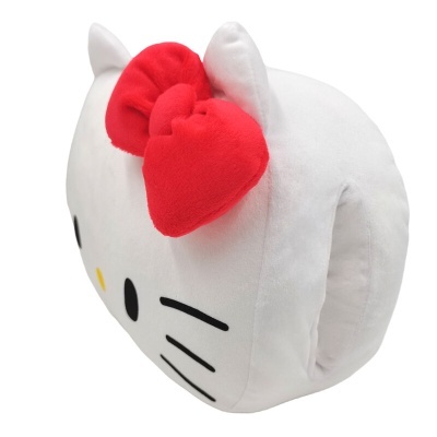Almofada branca em forma da cara do gato Hello Kitty com laço vermelho