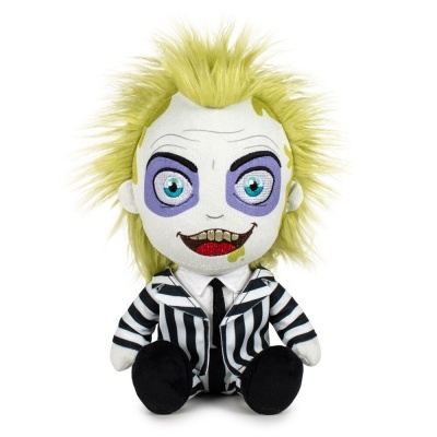 Pelúcia personagem Beetlejuice com fato riscado preto e branco e cabelo amarelo