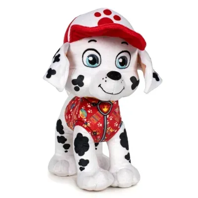 Pelúcia de cão dálmata branco com manchas pretas e roupa vermelha