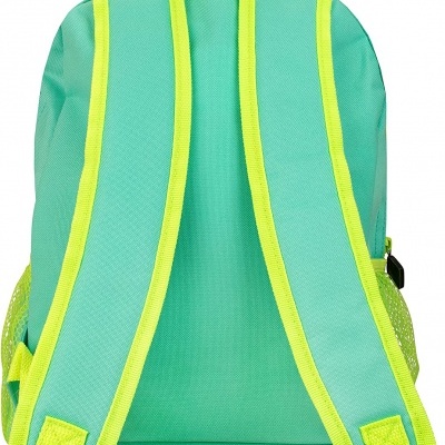 Mochila verde água com alças amarelas vista de costas