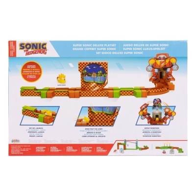 Conjunto de jogo Super Sonic Deluxe Playset com circuito e personagens do Sonic em caixa colorida
