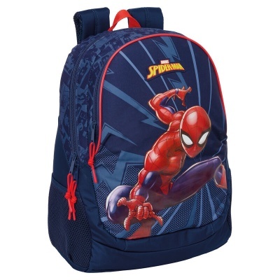 Mochila Spider-Man azul escura com imagem do super-herói e detalhes vermelhos
