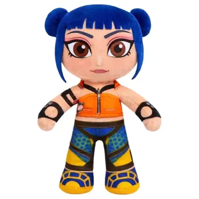 Boneco de pelúcia colorido com cabelo azul e roupa detalhada