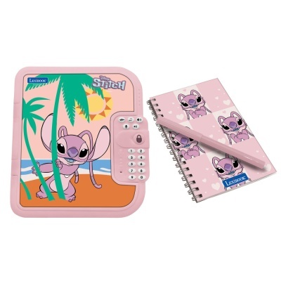 Cofre infantil rosa com imagem de Stitch e caderno com padrão de Stitch e caneta rosa