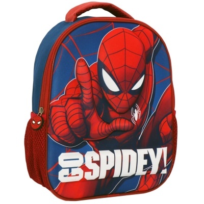 Mochila infantil Homem-Aranha azul e vermelha com texto GO SPIDEY!