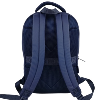 Mochila azul escura com alças almofadadas e texto DIRECTION SPORT nas alças.