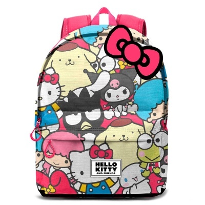 Mochila colorida com personagens Hello Kitty e amigos em tecido