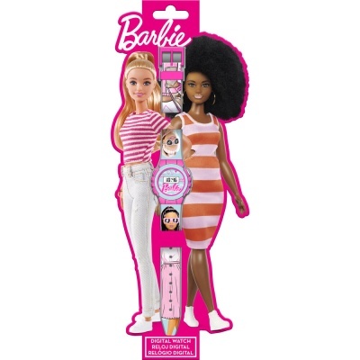 Relógio digital infantil Barbie em embalagem com imagens de bonecas com roupa às riscas