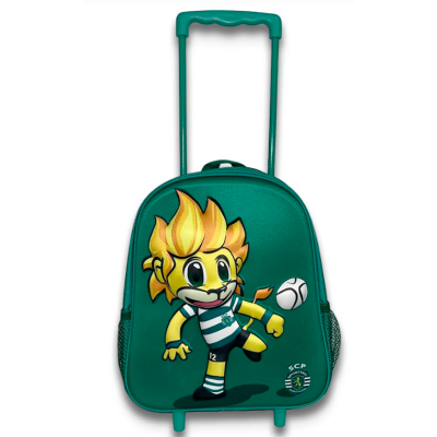 Mala de viagem verde com mascote Sporting e carrinho puxador