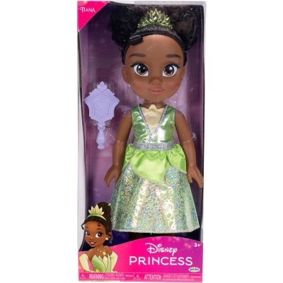 Boneca Disney Princess Tiana com vestido verde e coroa em embalagem