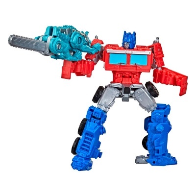Figura de ação Optimus Prime vermelho, azul e cinza segurando arma azul clara
