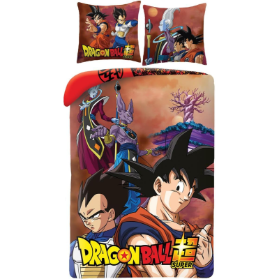 Jogo de cama com personagens Dragon Ball Super e texto DRAGON BALL SUPER