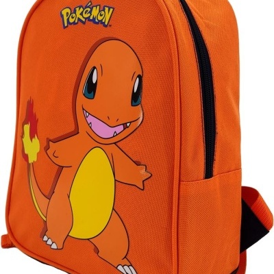 Mochila laranja com imagem do Pokémon Charmander e texto Pokémon
