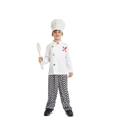 Criança vestida com traje de cozinheiro infantil branco e calças xadrez preto e branco