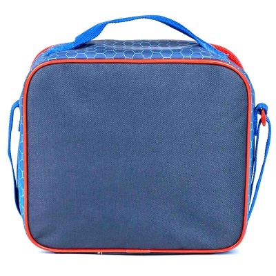 Mala térmica quadrada azul escuro com padrão hexagonal e bordas vermelhas