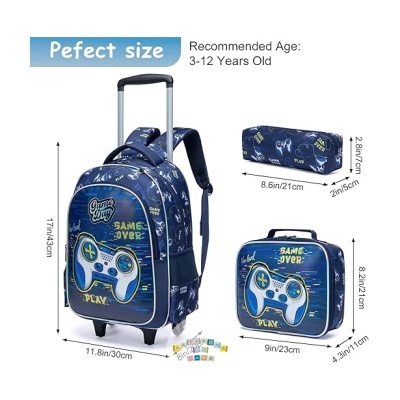 conjunto escolar azul com desenhos de comandos de videojogo e texto GAME OVER e PLAY