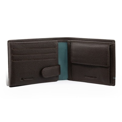 Carteira masculina em pele castanha aberta mostrando interior azul e divisões