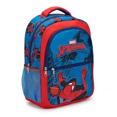Mochila escolar azul e vermelha com estampa do Spider-Man e texto Marvel Spider-Man